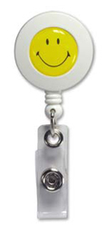 Round Badge Reel with Yellow Smiley Face Domed Label Vinyl Strap and Slide Clip