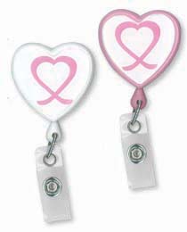 Heart Shaped Badge Reel with Pink Awareness Ribbon, Swivel Back